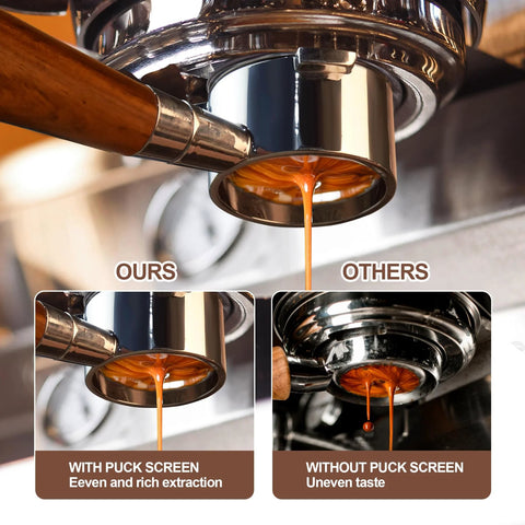 Installed bottomless 54 mm stainless portafilter with rosewood handle on espresso machine during extraction