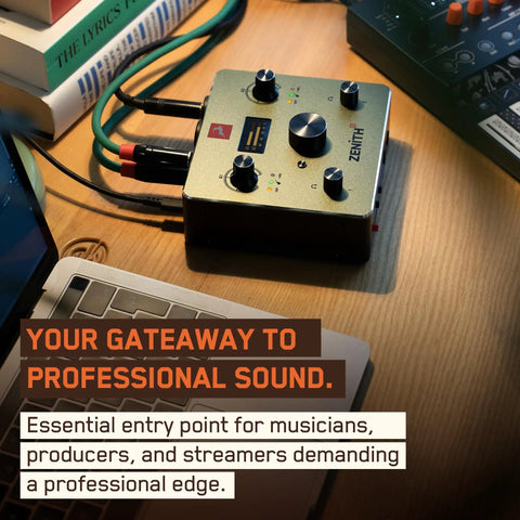 Zenith 2 USB C Audio Interface For Guitar, Vocals, Streaming And Podcasting in use on wooden desk setup