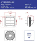 Specification diagram for Shutter Mount Exhaust Fan For Home Cooling, Wall Mounted Auto Vent, 16-inch size, airflow 1200 CFM.