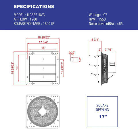 Specification diagram for Shutter Mount Exhaust Fan For Home Cooling, Wall Mounted Auto Vent, 16-inch size, airflow 1200 CFM.