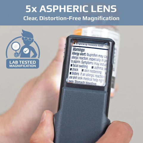 MiniBrite 5X LED Lighted Slide Out Aspheric Magnifier With Protective Sleeve Ultra Portable Pocket Sized Reading Aid For Fine Print On The Go Illuminated Lens For Close Up Details In Gray PO 55