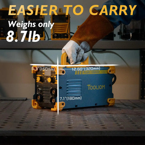 3 In 1 Gasless Flux Core MIG Welder 110V With LCD Display Inverter, compact size shown with measurements and handle
