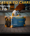 135A Mini MIG Welder Portable 110V Flux Core Gasless 3 In 1 Welding Machine showing dimensions and handle on workshop table.