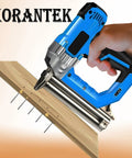 High Impact 18 Gauge Galvanized Brad Nails 3/8 Inch Length 4000 Count Box Rust Resistant Steel Fasteners in a nail gun driving into wood.