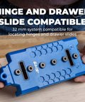One Quarter Inch Shelf Pin Jig For Cabinets And Furniture With Edge Aligned Precision Hole Drilling Guide And Adjustable Shelf Pin Tool For Even Spacing And Quick Pro Grade Setup in blue plastic, shown with hand for scale.