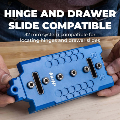 One Quarter Inch Shelf Pin Jig For Cabinets And Furniture With Edge Aligned Precision Hole Drilling Guide And Adjustable Shelf Pin Tool For Even Spacing And Quick Pro Grade Setup in blue plastic, shown with hand for scale.
