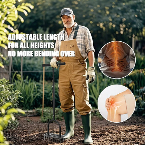 Man using Heavy Duty Manual Lawn Aerator With 15 Iron Spikes Height Adjustable Spike Aerator Tool For A Greener Healthier Lawn