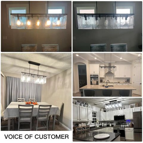 Customer photo showcasing Textured Glass Chandelier With Water Ripple Panels for Dining Room and Kitchen Island.