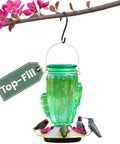 Cactus Top Fill Glass Hummingbird Feeder With Built In Bee Guards And Removable Perches 32 Ounce Nectar Capacity Outdoor Hummingbird Feeder For Gardens hanging with live hummingbirds.