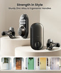 Keyless Entry Door Lock With 2 Lever Handles Electronic Keypad Deadbolt Auto Lock Backlit For Easy Installation Matte Black Front Door Handle Set Anti Peep Security With 20 Permanent PIN Codes And One Time Codes displayed on a pedestal.