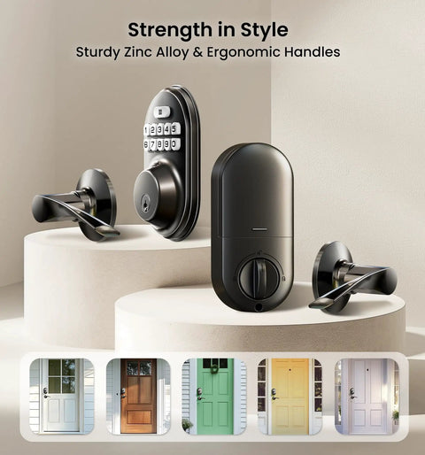 Keyless Entry Door Lock With 2 Lever Handles Electronic Keypad Deadbolt Auto Lock Backlit For Easy Installation Matte Black Front Door Handle Set Anti Peep Security With 20 Permanent PIN Codes And One Time Codes displayed on a pedestal.