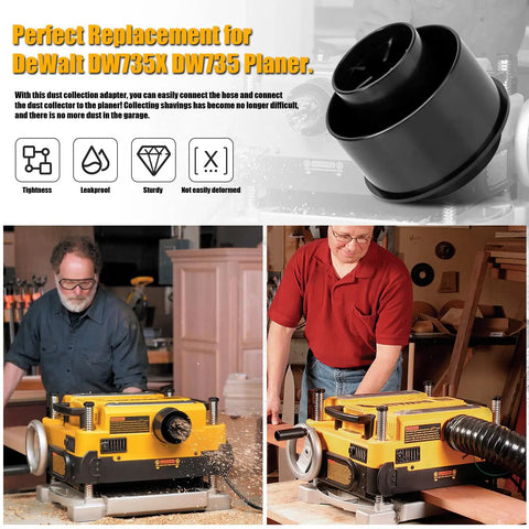 Planer Vacuum Adapter Replacement For DW735 DW735X Planers Heavy Duty Dust Port Hose Connector shown with tools and installation.