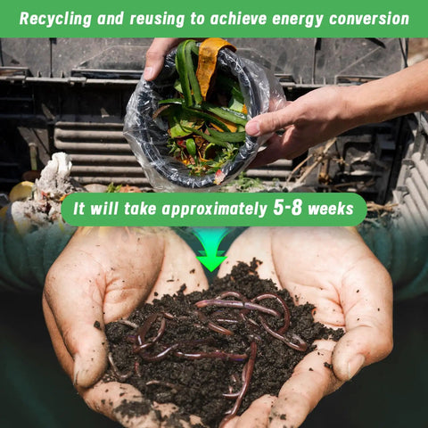 Hands holding compost with worms, showing recycling process. Focus on recycling kitchen waste outdoors with 2 Pack Underground Worm Composting Bin Set Durable Metal Wire Bins With Holes And Lid For Recycling Kitchen Waste Outdoors Garden Use Great For Backyards And Veggie Patches.