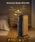 Big Room Electric Oil Filled Radiator Heater With Dual Knobs 1500W Fast Heat Quiet Space Heater in bedroom showcasing quiet operation.
