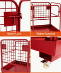 Red foldable forklift safety cage (man basket) with guardrails, drain hole, 36x36 inches, on wheels.