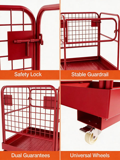 Red foldable forklift safety cage (man basket) with guardrails, drain hole, 36x36 inches, on wheels.