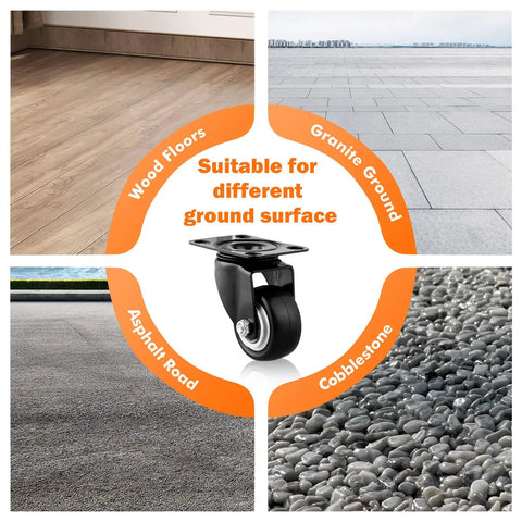 2 Inch Casters Set Of 20 Heavy Duty Industrial Caster Wheels Without Brake PU shown with floor types: wood, granite, asphalt, cobblestone.