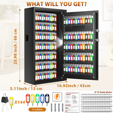 Fireproof 144 Key Safe Cabinet With Wall Mount Anti Theft Key Box With Combination Lock Adjustable Hook Plates And Tags Built Tough Steel Organizer For Home Office And Garage Storage Solution showing colorful tags.
