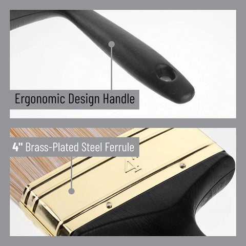 Close-up of ergonomic handle and brass-plated ferrule on 4 Inch Soft Tip Paint Brush For Walls And Trim With Pro Grade Synthetic Bristles