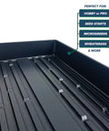 Close-up of Five Pack Black Plastic Growing Trays Without Drain Holes, 21 By 11 By 2 Inches for seedlings and microgreens