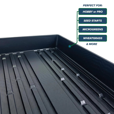 Close-up of Five Pack Black Plastic Growing Trays Without Drain Holes, 21 By 11 By 2 Inches for seedlings and microgreens