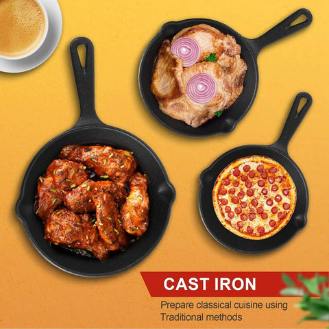 Three-Piece Cast Iron Skillet Set With 6 Inch, 8 Inch, And 10 Inch Pans Includes Cleaning Scraper And Dish Sponge Oven Safe Cookware