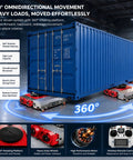 Heavy Duty Industrial Heavy Load Mover With 360 Degree Electric Remote Transport Platform positioned under a shipping container, showing 360 degree movement capabilities.