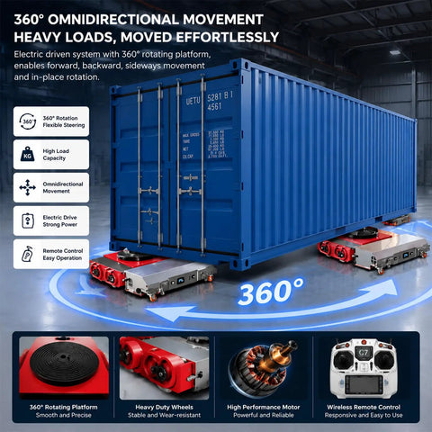 Heavy Duty Industrial Heavy Load Mover With 360 Degree Electric Remote Transport Platform positioned under a shipping container, showing 360 degree movement capabilities.