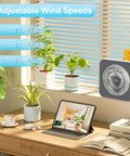 10 Inch Box Fan With 3 Speeds And 8 Hour Timer Quiet Square Window Fan for Bedroom Office Kitchen Home Apartment RV Camping Energy Efficient DC Adapter Powered Includes USB Type C Cord Keeps Rooms Cool on desk by window