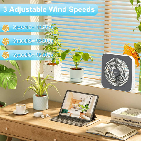 10 Inch Box Fan With 3 Speeds And 8 Hour Timer Quiet Square Window Fan for Bedroom Office Kitchen Home Apartment RV Camping Energy Efficient DC Adapter Powered Includes USB Type C Cord Keeps Rooms Cool on desk by window