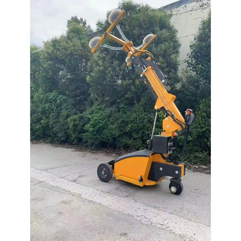 Heavy Duty Vacuum Glass Lifter Mounted On A Rugged Mobile Cart With Top Shelf Suction Cups For No Sweat Panel Hauling And Hassle Free Commercial Installations, yellow and black design with suction cups.