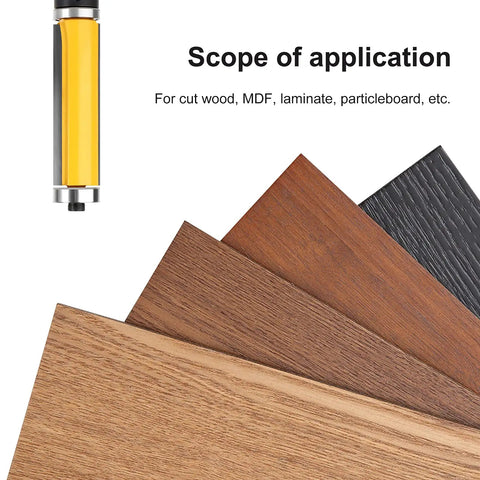 Heavy Duty Flush Trim Router Bit Featuring Dual Precision Bearings 1/2 Inch Shank 2-1/2 Inch C3 Carbide Blade For Slick Woodworking Trimming and Zero Hassle CNC Routing Performance Daily on various wood panels.