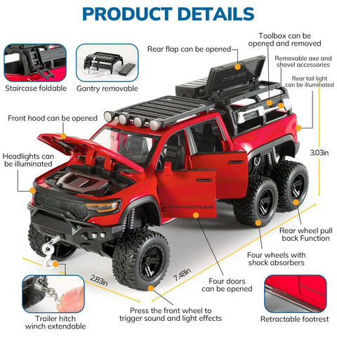 One Thirty Second Scale Die Cast Trucks For Boys Red Mammoth Model Pickup Collectible Toy Kit With Lights And Sounds Pull Back Cars