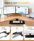 Smooth Glide Under Desk Keyboard Tray Featuring Adjustable Tilt And Height Controls 25 X 10 Inch Drawer Platform with dual monitors on desk.