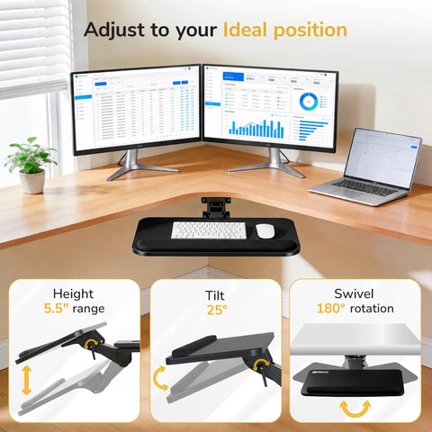 Smooth Glide Under Desk Keyboard Tray Featuring Adjustable Tilt And Height Controls 25 X 10 Inch Drawer Platform with dual monitors on desk.