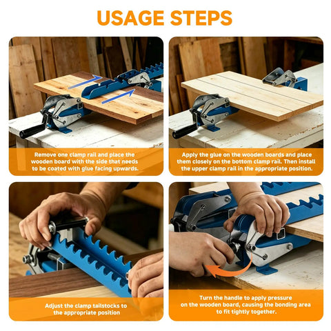 Upgraded 19 Inch Panel Clamps Set Of 2 With 4 Way Steel Parallel Clamps Heads And Tailstocks For Precise Woodworking, Heavy Duty Rails, Easy Handles, Durable 2mm Track, Ideal For DIY Projects And Shop Assembly. Usage steps with blue panel clamps on wood boards