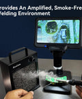 Solder Fume Extractor With HEPA And Activated Carbon Filter Portable Smoke Absorber in use with soldering iron and circuit board