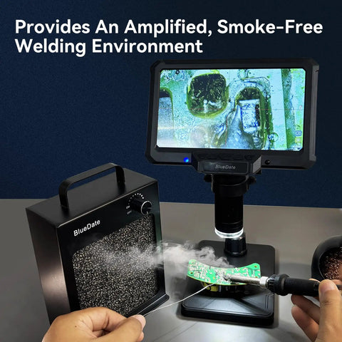 Solder Fume Extractor With HEPA And Activated Carbon Filter Portable Smoke Absorber in use with soldering iron and circuit board