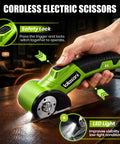 Heavy Duty Cordless Electric Box Cutter With Powerful 320Rpm Motor And Auto-Feed Scissors Design For Effortless Cardboard Cutting Quiet Operation Rechargeable Battery Included, showcasing safety lock and LED light.