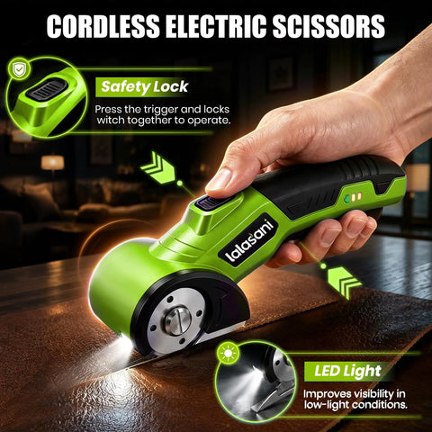 Heavy Duty Cordless Electric Box Cutter With Powerful 320Rpm Motor And Auto-Feed Scissors Design For Effortless Cardboard Cutting Quiet Operation Rechargeable Battery Included, showcasing safety lock and LED light.