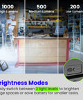 Ultra Bright 2000 Lumen Portable LED Work Light With 3 White Light Modes For Workshop And Garage shown with brightness settings