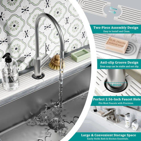 Nobody Likes A Wet Counter So Upgrade Your Wash Station With This Slick Diatomite Stone Faucet Mat That Instantly Soaks Up Water To Keep Your Kitchen Sink Drip Free And Totally Stress Free Forever, showcasing a 2-piece sink mat setup.