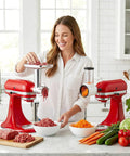 Woman using Meat Grinder And Cheese Grater Attachments For KitchenAid Stand Mixer Slicer Shredder Sausage Stuffer in kitchen
