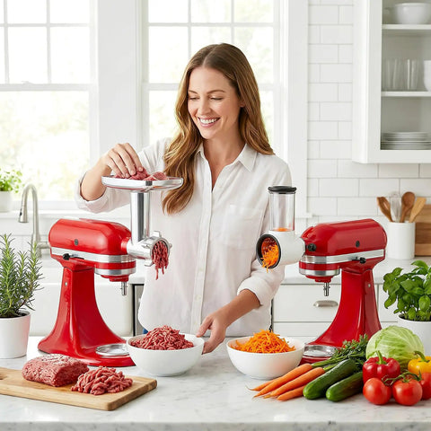 Woman using Meat Grinder And Cheese Grater Attachments For KitchenAid Stand Mixer Slicer Shredder Sausage Stuffer in kitchen