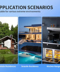 Image depicting application scenarios for electrical box covers: a mountain residence, a seaside residence, and a kitchen range.