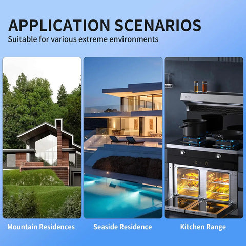 Image depicting application scenarios for electrical box covers: a mountain residence, a seaside residence, and a kitchen range.