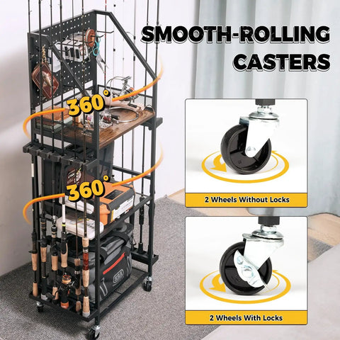 Garage Fishing Rod Holder System With Pegboard Hooks, Holds Up To 12 Rods, Rolling Tackle Cart With Wheels, 3-Tier Gear Storage