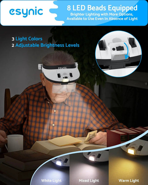 Person reading with Head Magnifier With LED Light For DIYers Up To 6X Magnification With 5 Interchangeable Lenses from 1X to 3.5X.