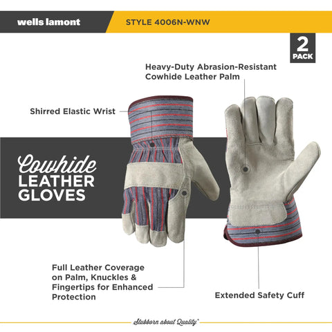 Two Pair Pack Mens Leather Work Gloves With Heavy Duty Reinforced Palms And Split Cowhide Palm Protection For Tough Jobs Covers Fingertips And Knuckles Cuff Wrist Protection Size Large Grey; leather gloves with full coverage and extended cuff.