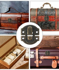 Collage of boxes with Retro Antique Bronze Small Box Hinges Kit for wooden, jewelry boxes, includes hinges, latches, screws.